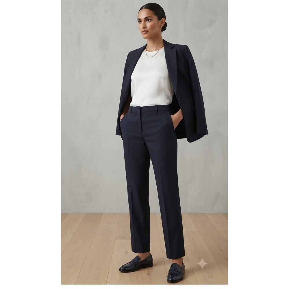 REISS Navy Blue Wool Blend Tailored Straight Leg Trousers Pants Size US 6 Chic